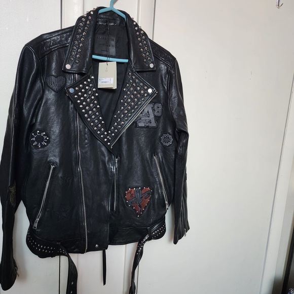 All Saints Black Leather Jacket with Silver Studs